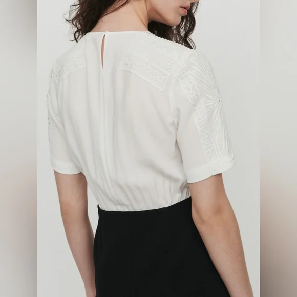 Maje Ravelle Lace-Inset Ceep V Neck Colorblock Mini Dress Ptp 17" Sz 3 UK / L US - Picture 7 of 16